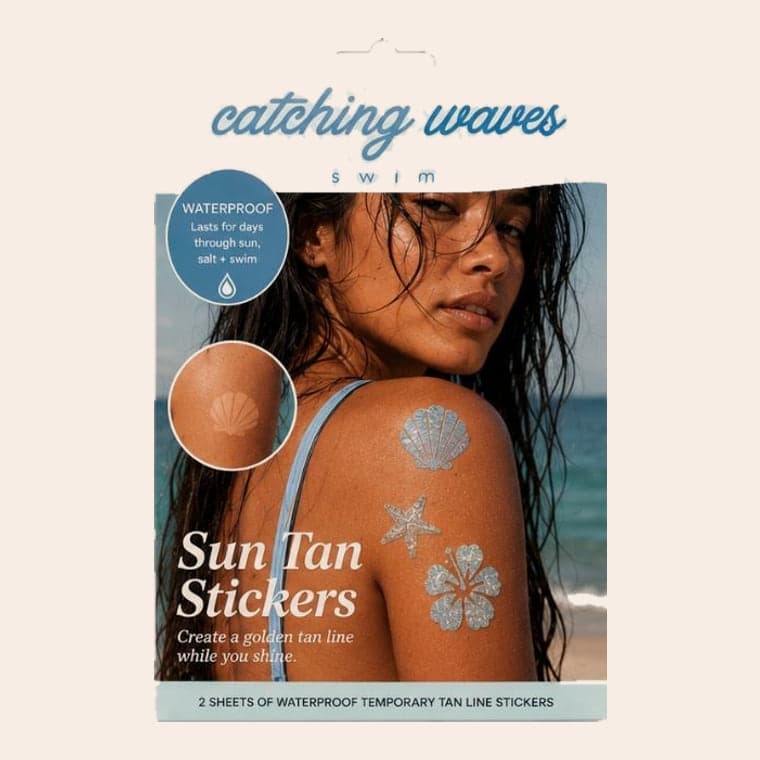 The Sun Tan Stickers pack — waterproof temporary tan-line stickers in shell, starfish and hibiscus shapes